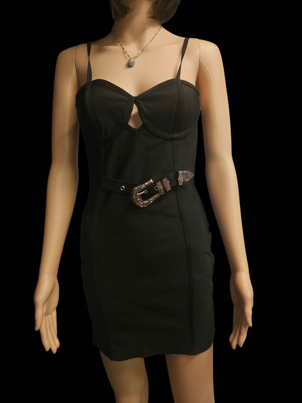 Black Spaghetti Strap Bodycon Dress with Decorative Belt